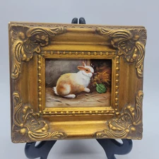 Vintage French Country Provence Oil On Board Framed Rabbit Painting Cottage