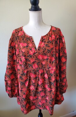 Sonoma Women's Plus 4X Top Notch Neck Long Sleeve Corduroy Floral Boho Multi