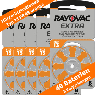 40 x Rayovac Extra 13 Orange PR48 ZA13 D13 Hörgerätebatterien 1,45V 5 x 8ter