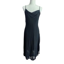 Tahari Black Silk Dress Cowl Neck Deep Scoop Back Bedazzled O Ring Straps 10