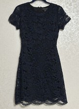 Tahari NWT Navy Blue Lace Sheath Short Sleeve Cocktail Dress Black Lined 6