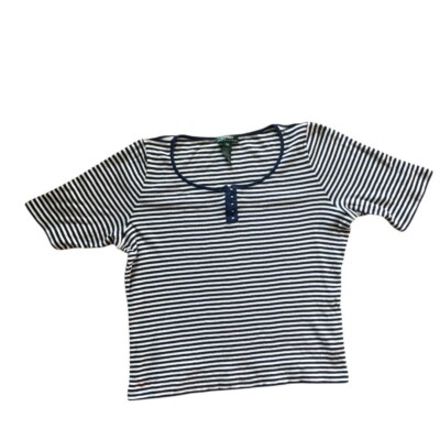Lauren Ralph Lauren Navy/White Striped Cotton Ribbed Henley SS Shirt Women's Plu