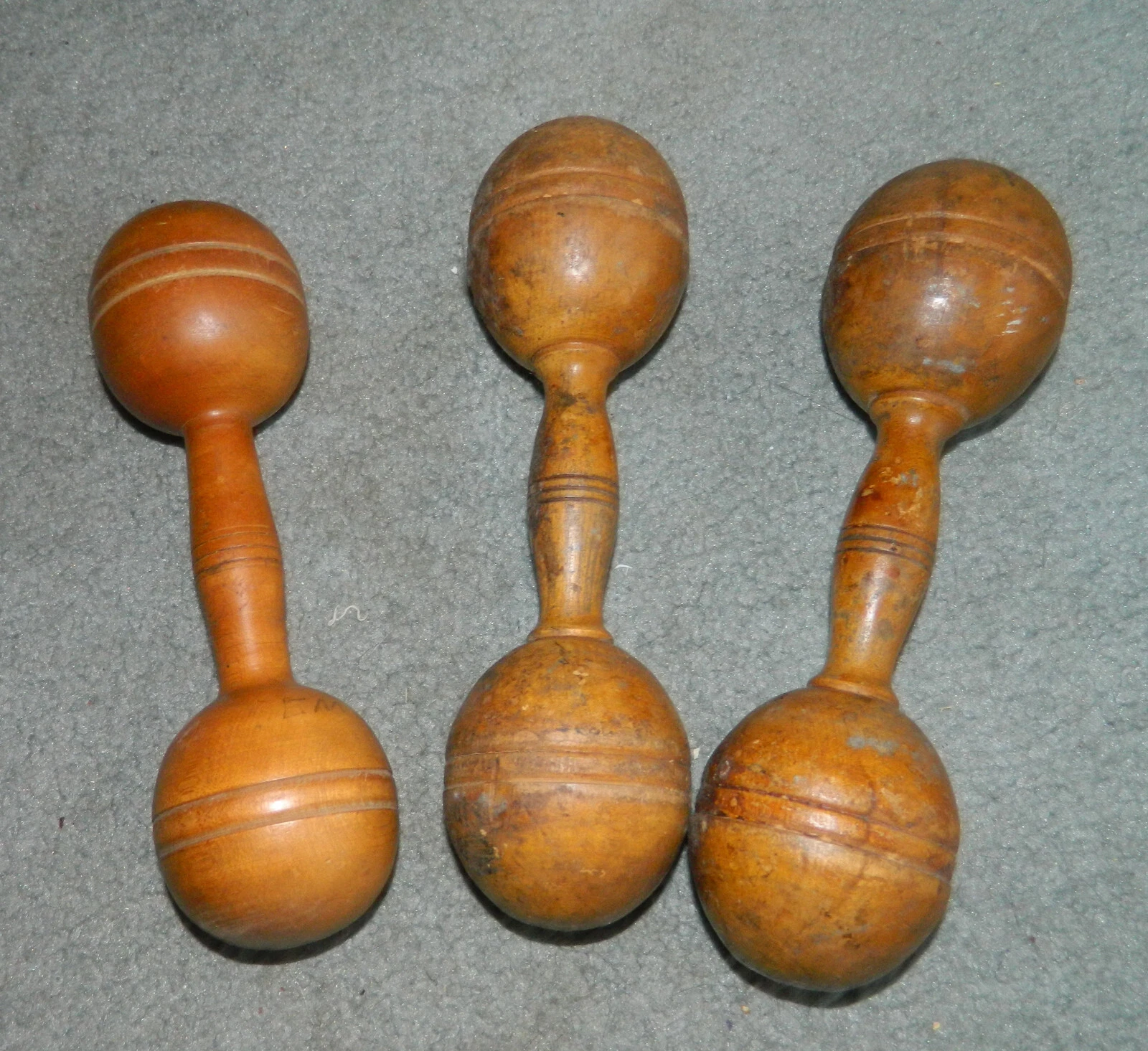 3 Wooden Dumbbells Late 19th C / Early 20th Century 9 1/2 inches 1 Pound Each