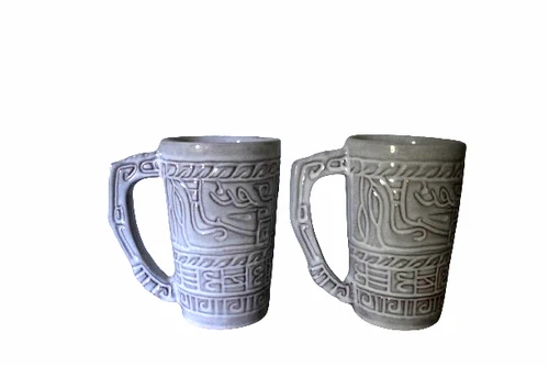 Frankoma Western Aztec White Coffee Mug 7M Cup 5" Tall Embossed LOT of 2 Vintage