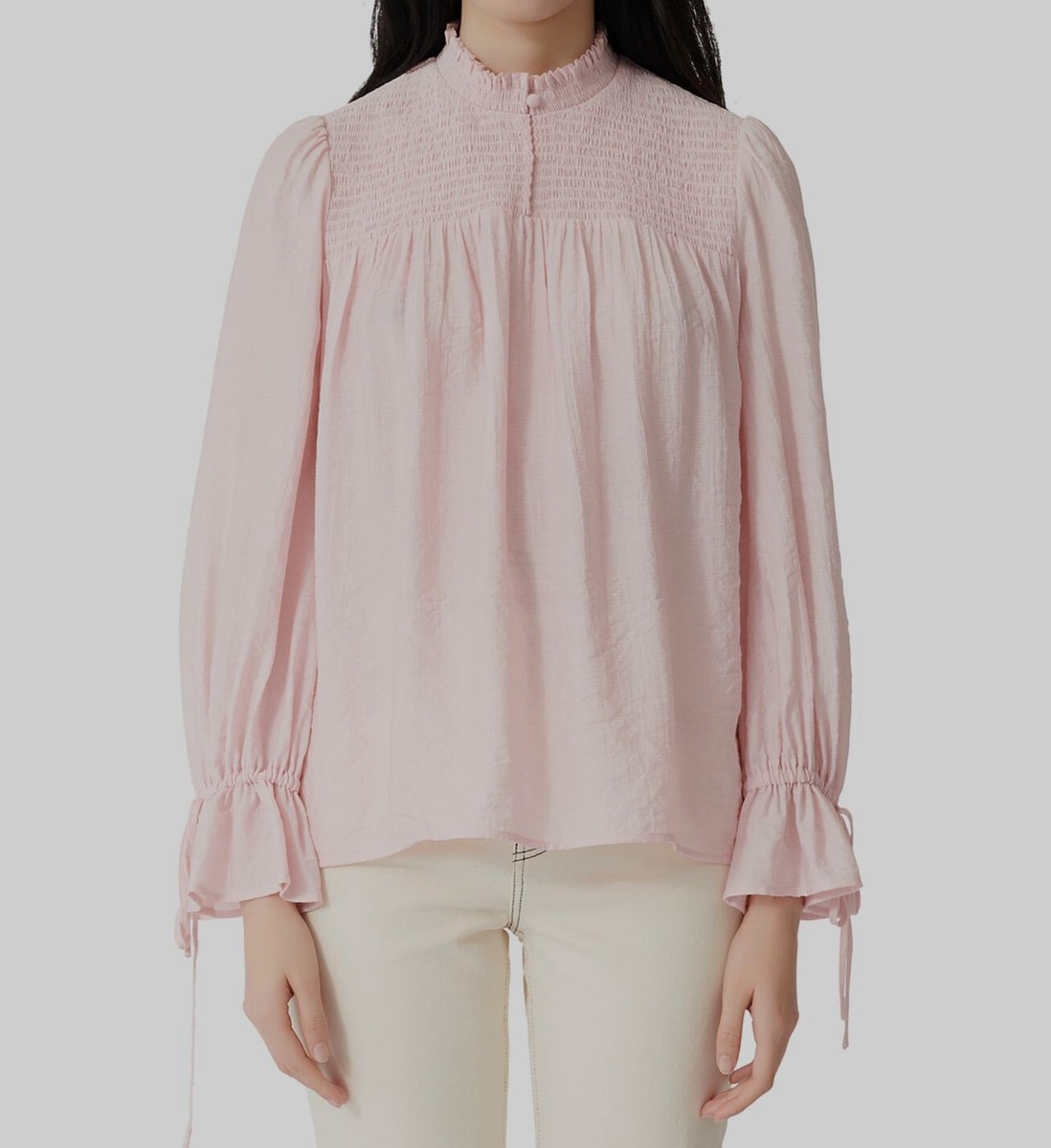 $534 Maje Women Pink Smocked Long-Sleeve Button Casual