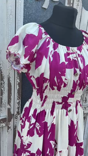 Ladies Summer Bardot Midi Dress –Bold Abstract Print (One Size 10-20) – Magenta - Video 1 of 1