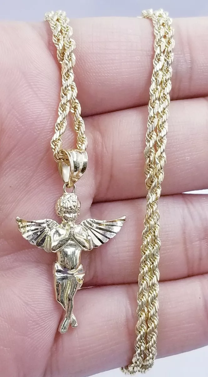 10k Yellow Gold Rope Chain Angel Charm Pendant Necklace 18 20 22 24 26  28