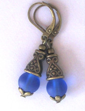 dark BLUE BEACH GLASS frosted earring Bronze LEVERBACK artisan XX