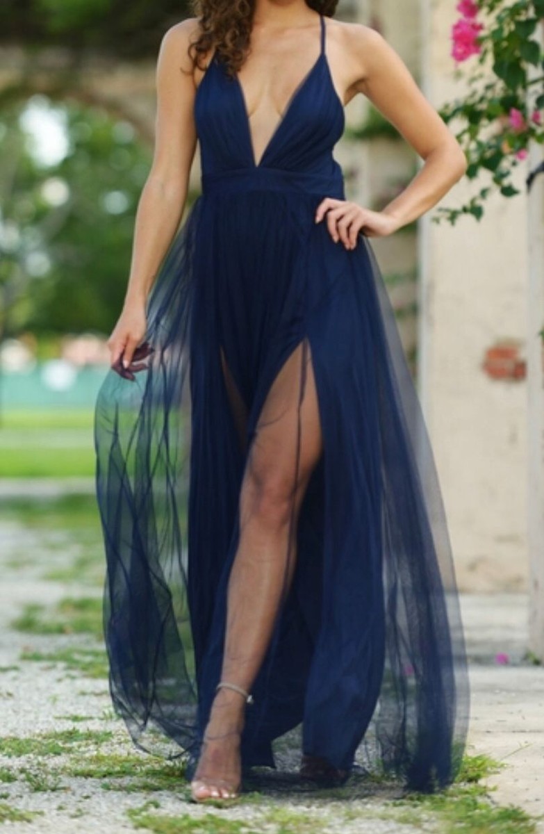 Luxxel Navy Blue Low-V-Neck Long Prom Dress with Double Slits | eBay