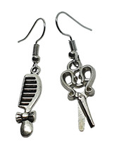 Orecchini Parrucchiere Pettine Forbici Frontali Goccia Pendente Gancio Eccent...