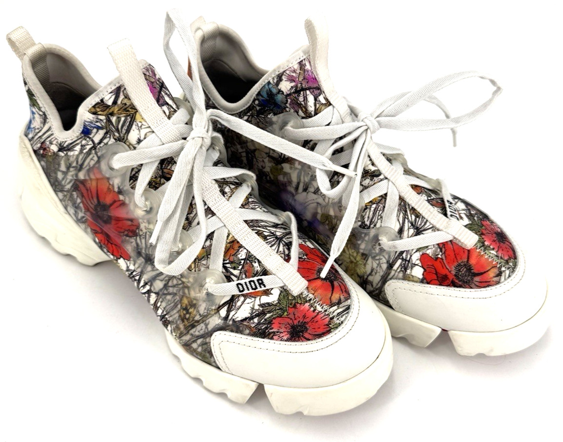 Dior D Connect Mille Fleurs White Red Floral Lace Up Flat Trainer Sneaker 39.5