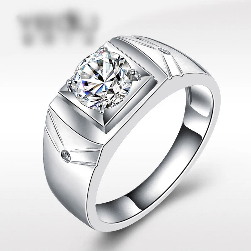 925 Sterling Silver Ring Inlaid 1.25 Ct Cubic Zirconia Ring Men Jewelry