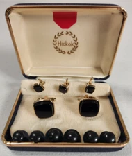 Hickok Art Deco Buff-Top Black Onyx Gold Tone Cufflinks & Shirt Studs Set (6N)