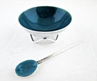 Modern Form Footed Enamel Sterling Silver Open Salt Cellar w/ Original Spoon