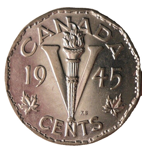 1945 CANADA 5 CENTS - Chromium WW2 Victory Coin - FREE SHIP - Canada Nickel Bin
