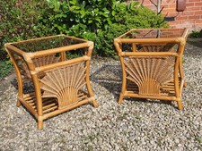Vintage Pair Bamboo Wicker Cane Side Table Glass Top Boho Cottage Core 56cm 50cm