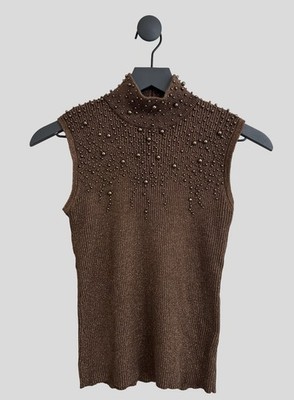 Brown Gold Metallic Lauren Michelle Ribbed High Neck Top With Pearl Accent Sz M
