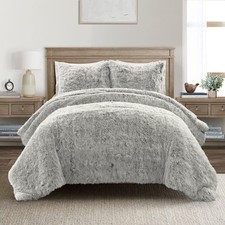 Emma Cozy Soft Fluffy Two Tone Faux Fur Comforter Set, Full/Queen, Gray - Col