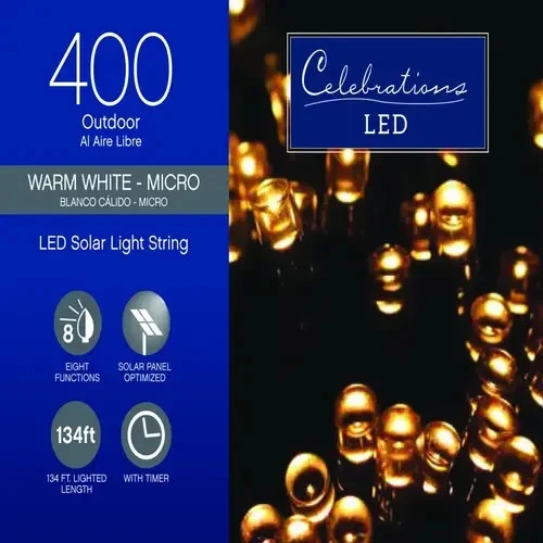 Christmas String Light Solar LED Micro/5mm 400-ct 134' ft White Celebrations 3PK - Image 2 of 4