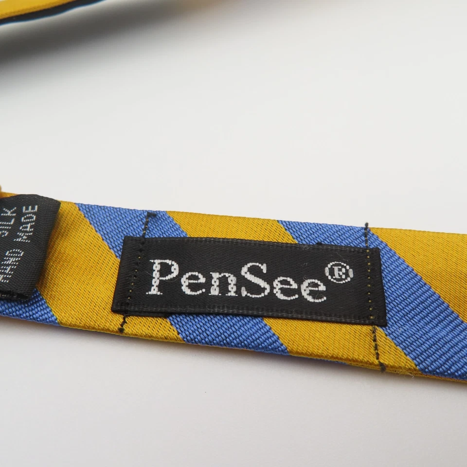 Pajarita PenSee Azul Amarillo Rayas 2.5" Ancho Auto Corbata Seda Hecha a Mano Foto 3 de 4