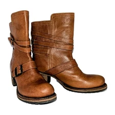 Frye Boots Vera Strappy Moto Cognac Leather Ankle Mid-Calf Womens 7.5 B 76520 A+