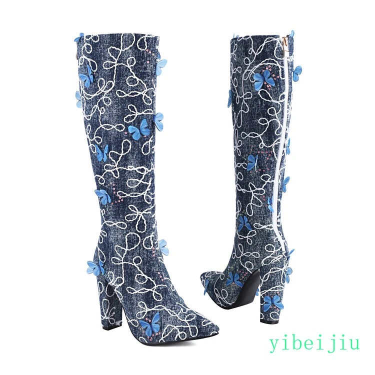 Pantalones de mezclilla hasta la rodilla para mujer Botas con lentejuelas Tacón Mariposa Punta puntiaguda Zapatos Dama Foto 2 de 4