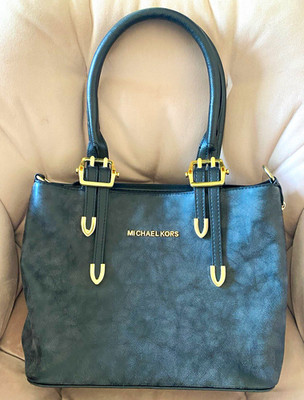 Michael Kors Damen Handtasche Leder Schwarz/grau/gold, groß Reißverschluss