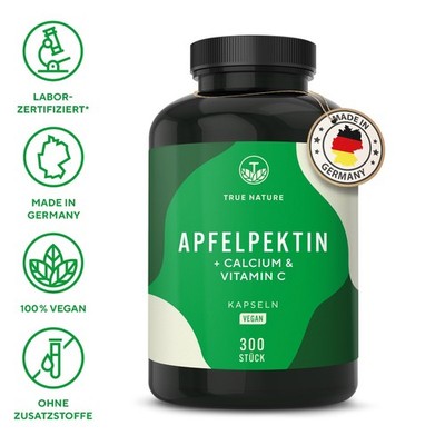 Apfelpektin + Calcium & Vitamin C, 300 Kapseln, Vegan & Made in DE, TRUE NATURE 