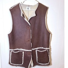 Vintage Calvin Klein Jeans Long Brown Shearling Sheepskin Vest Mens M USA Made