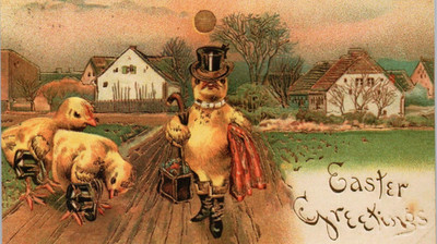 Postcard Easter Greetings Anthropomorphic Chicks In Top Hats Boots Modern 5.5X3