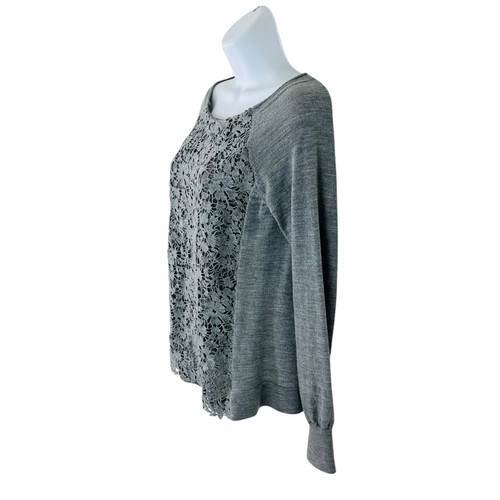 J. Crew Collection Women's Size M Crochet Front Merino Wool Gray Sweater - Picture 2 of 7