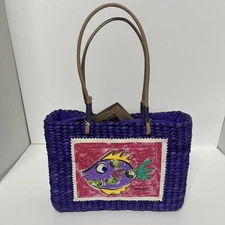 Sun N Sand Handbag Purse Straw Purple Sally Huss Sparkly Fish Hand Made CE963D