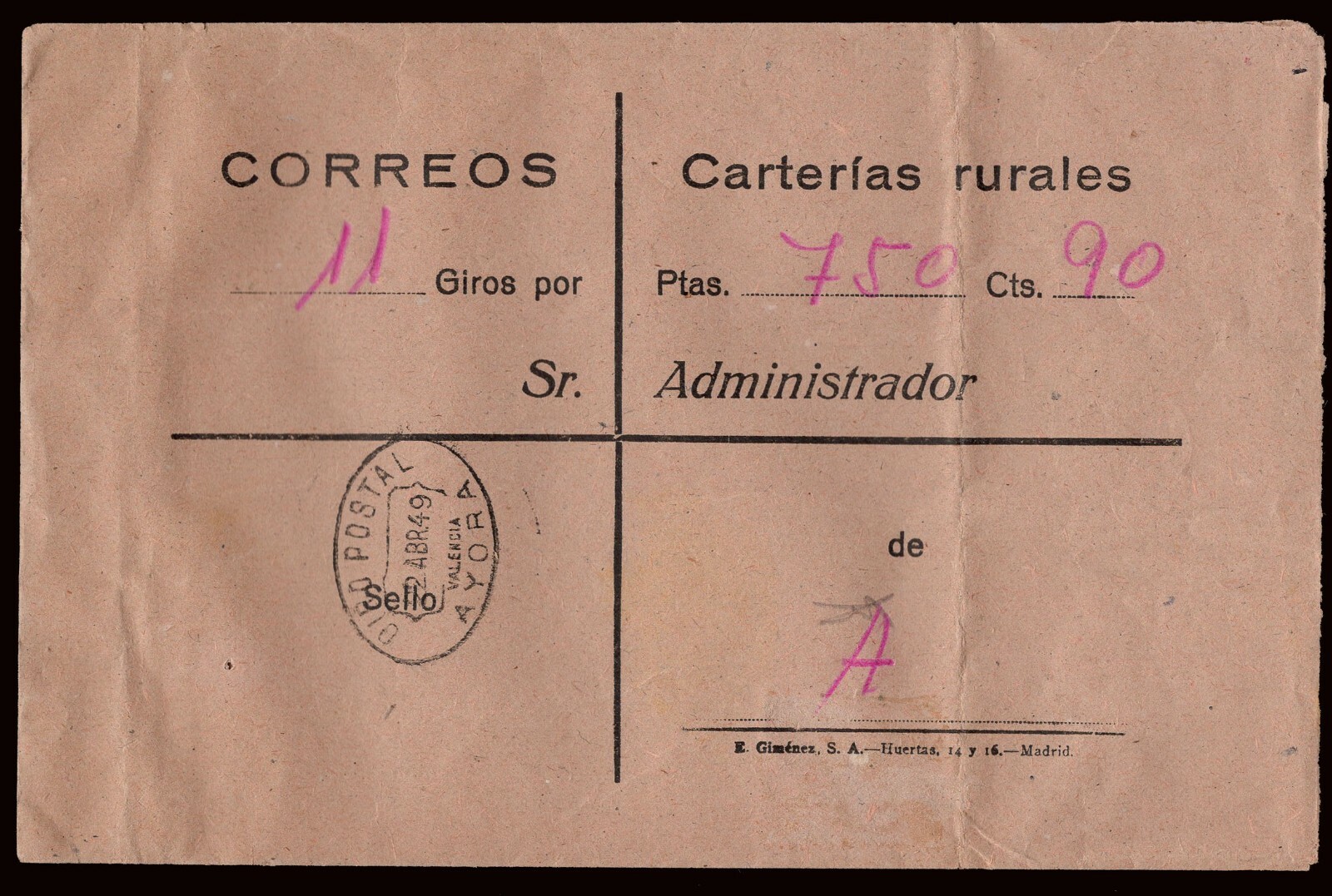 España Carta con franquicia interior de Correos "Giro Postal Ayora