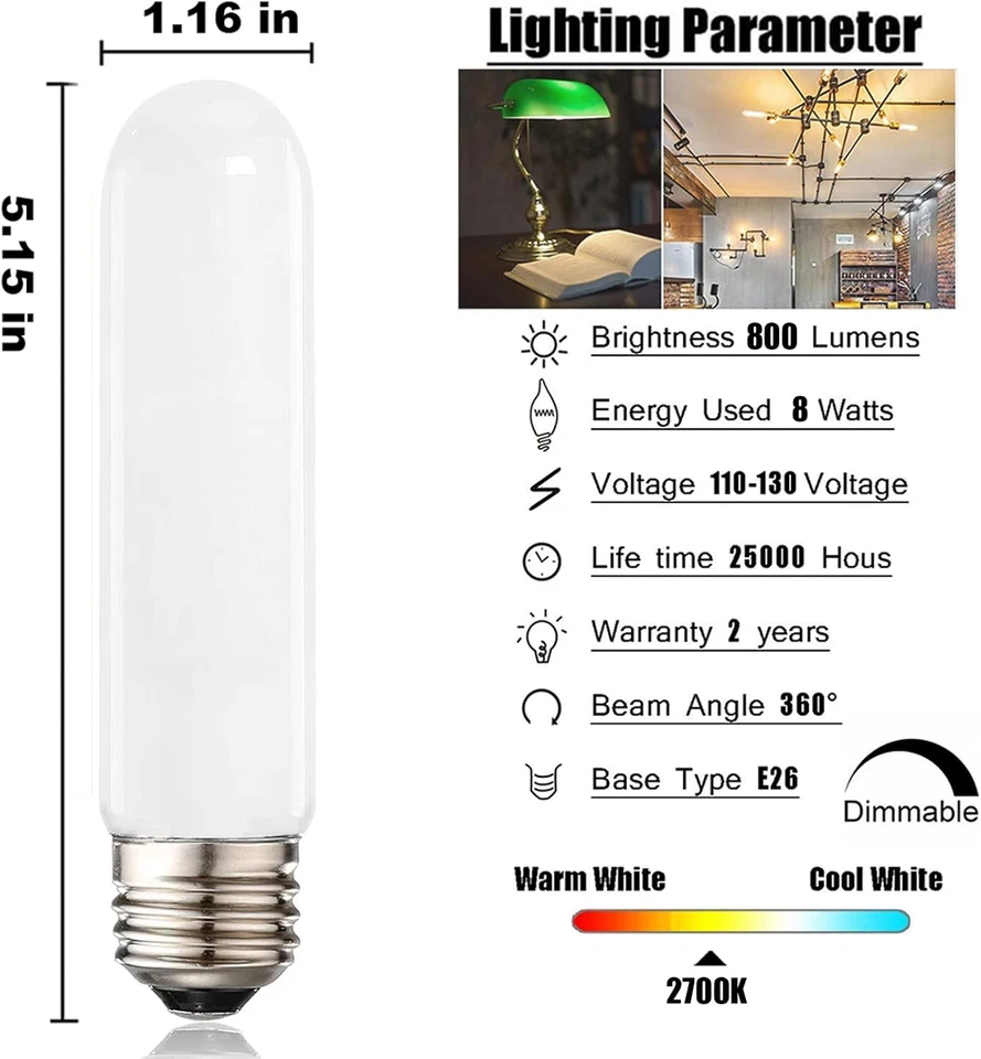 T10 Led Bulb, Dimmable T10 Frosted Led Light Bulbs,8W Led Tube Bulbs, 60-75 Watt - Image 2 of 4