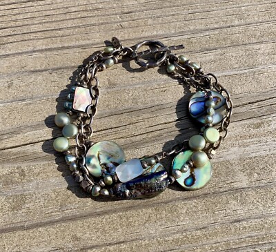 J&I Ian Gibson 3 Strand Bracelet Sterling Silver Abalone and Freshwater Pearls