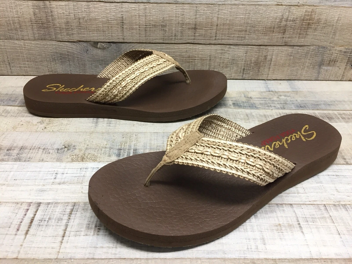 Skechers Yoga Foam Brown Tan Woven Flip Flops Sandals Women's sz