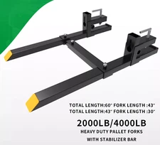 4000lb/2000lb Bucket Fork Clamp On Loader Quick Attach Fork w/ Stabilizer Bar