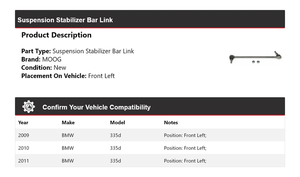 Barra estabilizadora de suspensión delantera izquierda MOOG 2009 2010 BMW 335d 2009-2011 Foto 2 de 4