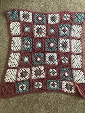 Crochet Afghan Blanket Throw Granny Square Pink Green White Cottage Core Nursery