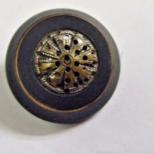 1800s antique filigree cutout metal double cross motif wood base button 49224