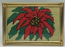 Vintage Christmas Handmade Needlepoint Poinsettia Framed Red Green