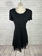 VTG Laurence Kazar Black 100% Silk Beaded Back Zip A-Line Knee Length Dress S