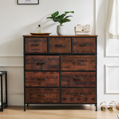 9-Drawer Dresser for bedroom Organizer w/ Fabric Bins, Steel Frame and Wood Top