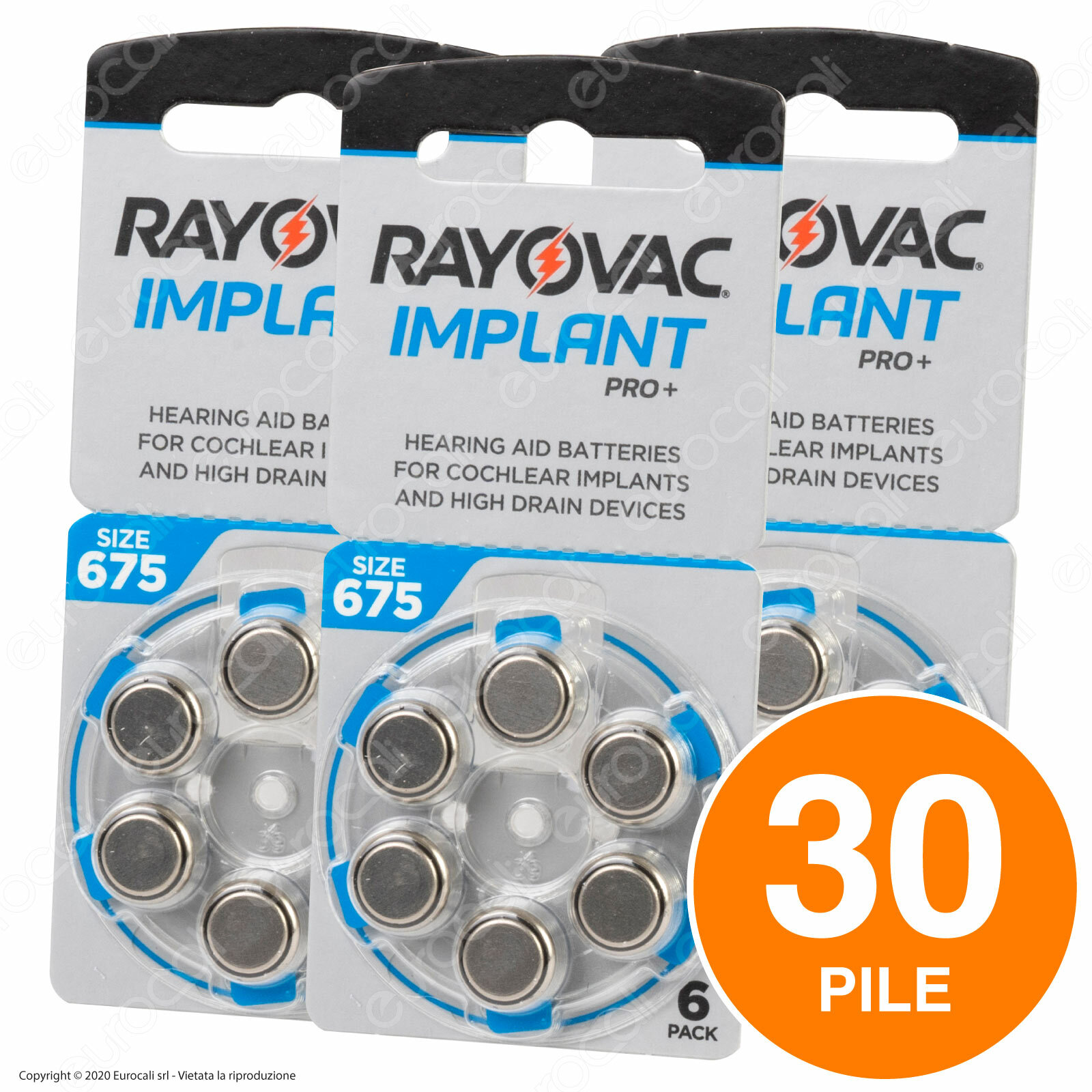 30 Batterie PILE RAYOVAC Implant PRO+ 675 per Protesi Acustiche Cocleari Udito