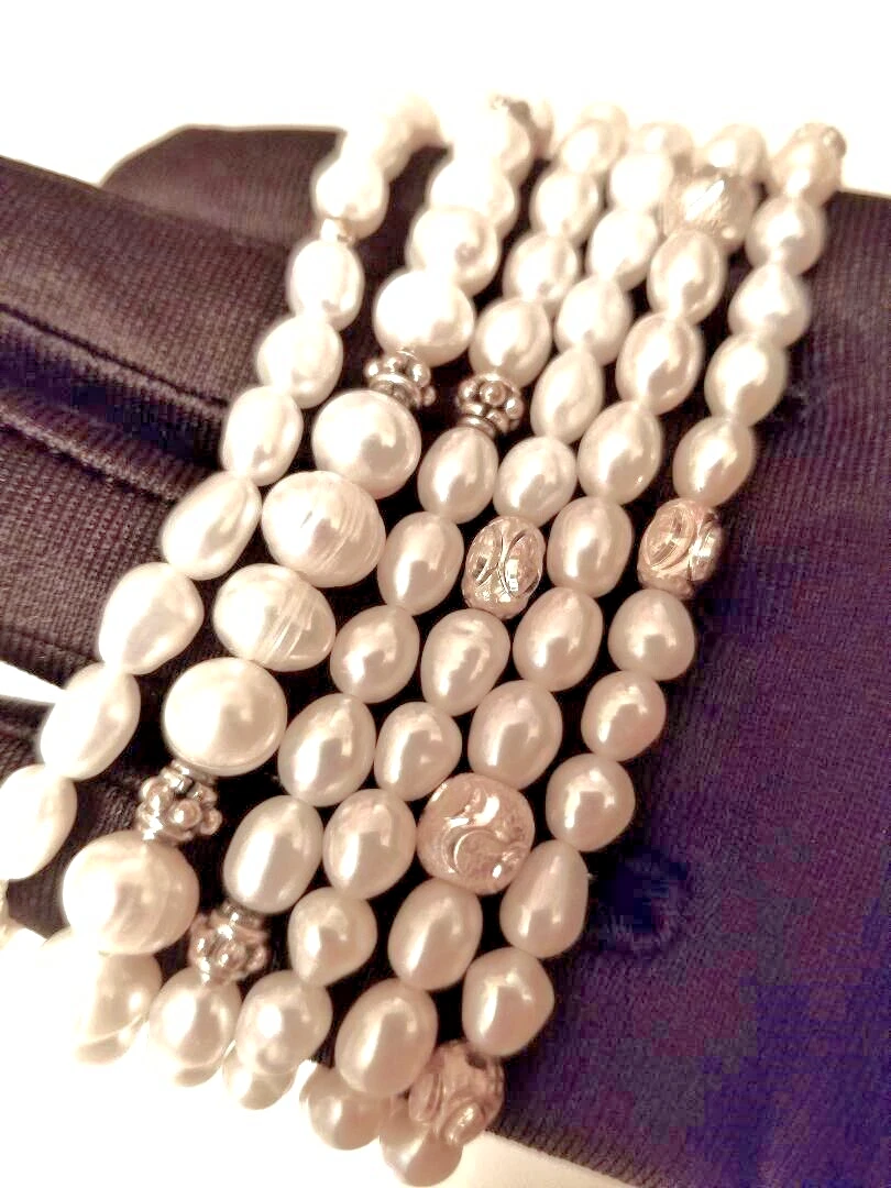 OFF WHITE Confezione da 6 Bracciali Perla Acqua Dolce Set Sposa Perline Distanziatore Argento Sterling 925