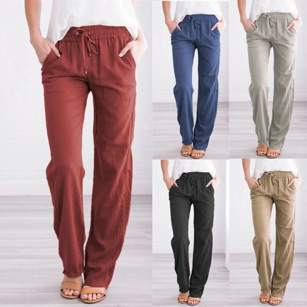 Women Casual Pant Linen Solid Drawstring Elastic Waist Straight Loose Long  Pants