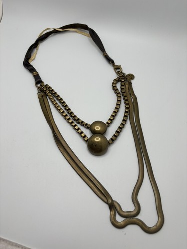 Festival Necklace Brass Tone Metal Chains 2 Balls Leather Neck Signed BA - Picture 2 of 15