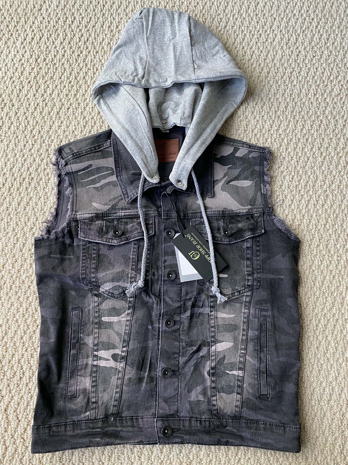 NWT Men's Chopp Shop Jeans Gray Camouflage Convertible Hooded Denim