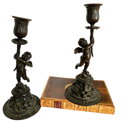 Paar Kerzenleuchter Bronze 19. Jahrhundert im Renaissance Revival Stil