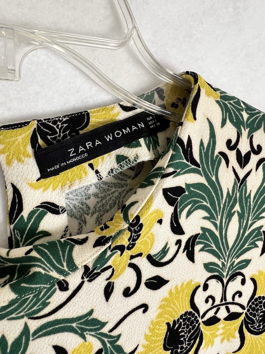 Zara Long Sleeves Floral Midi Dress Yellow and Green Women's Size L | eBay